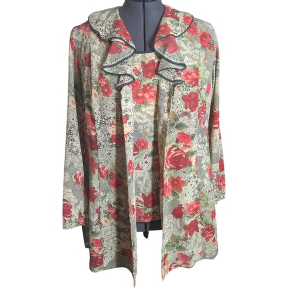 Vintage 90s Faux Lace Red Rose‎ Floral Robe Tank Set Size 18W